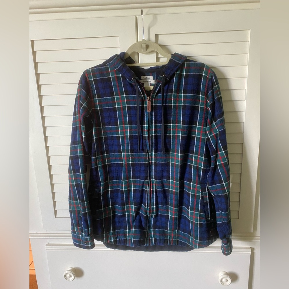 L.L. Bean Blue Green Plaid Women’s Hooded Shirt/Jacket